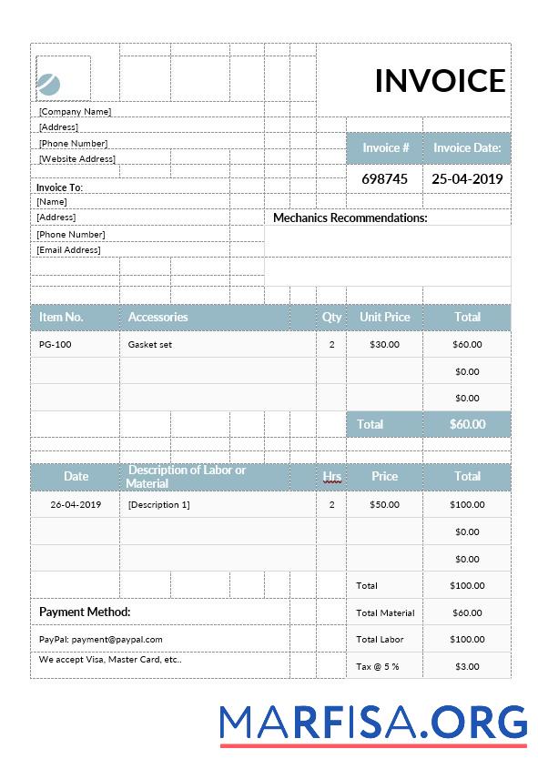 Downloadable Mechanic Invoice Template